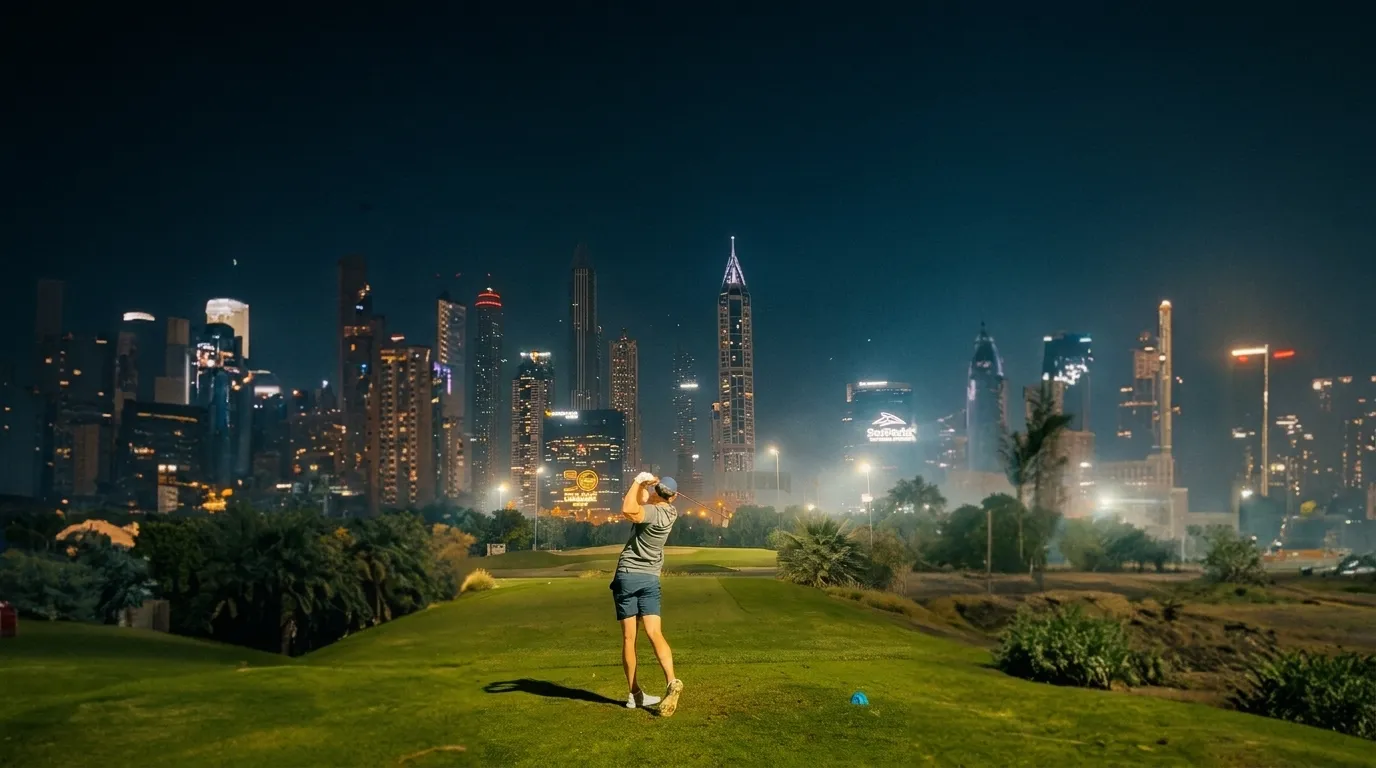 A golfer at sunset